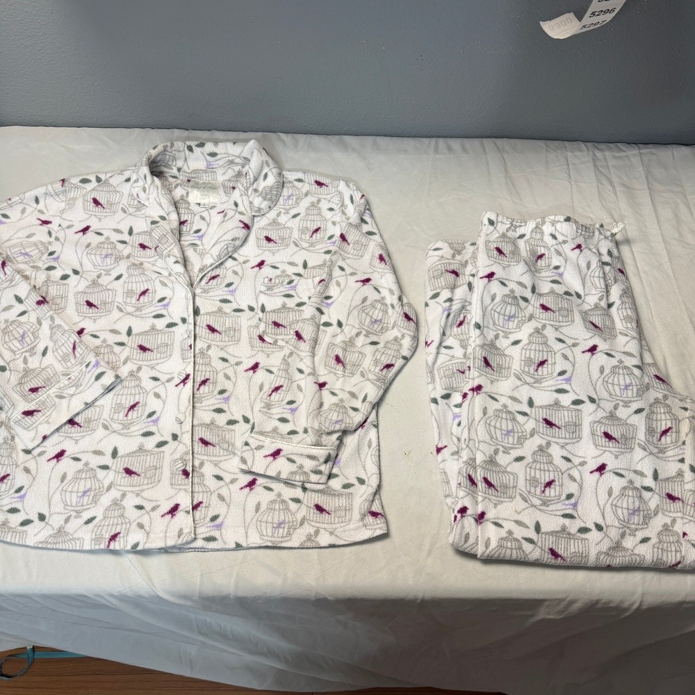 Coeur d'Alene Womens Cozy Pajama Set L White Birdcage Purple‎ Fleece Sleepwear